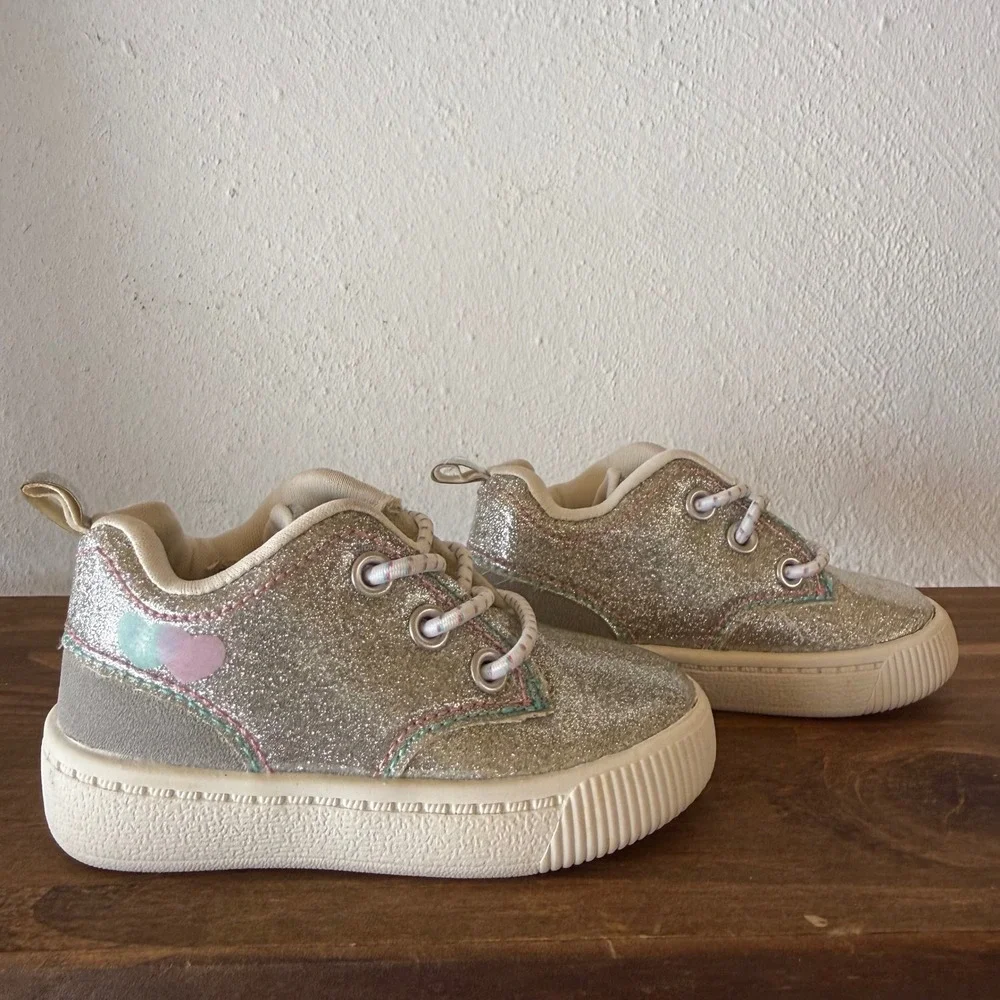 Carter's Glitter Toddler Sneakers Size 4 Silver Hearts Bungee Lace Up Shoes